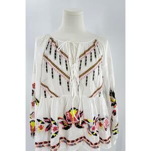 Tanya Taylor White Embroidered Floral Blouse Peasant Boho Top 8 M